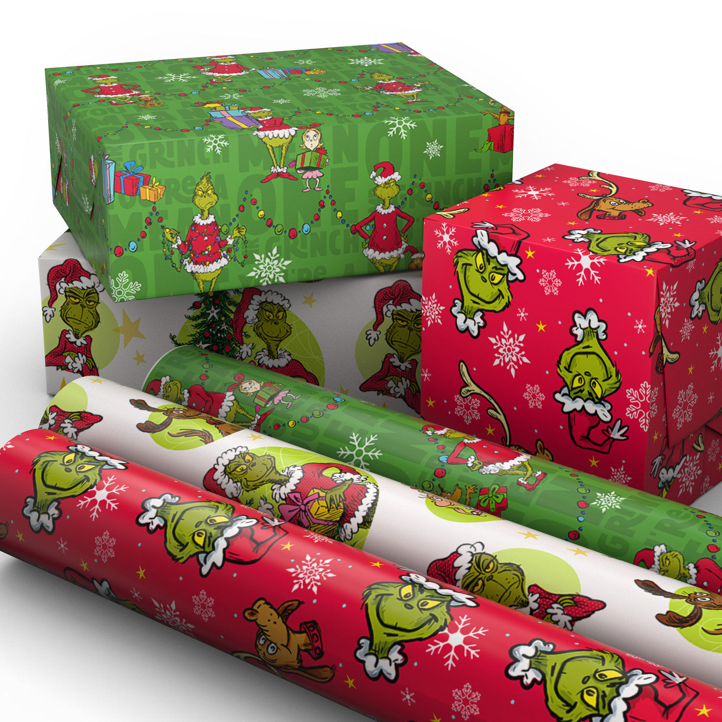 Green and Red Grinch 3-Pack Mini Xmas Gift Wrap Rolls Wrapped pkg image number 2