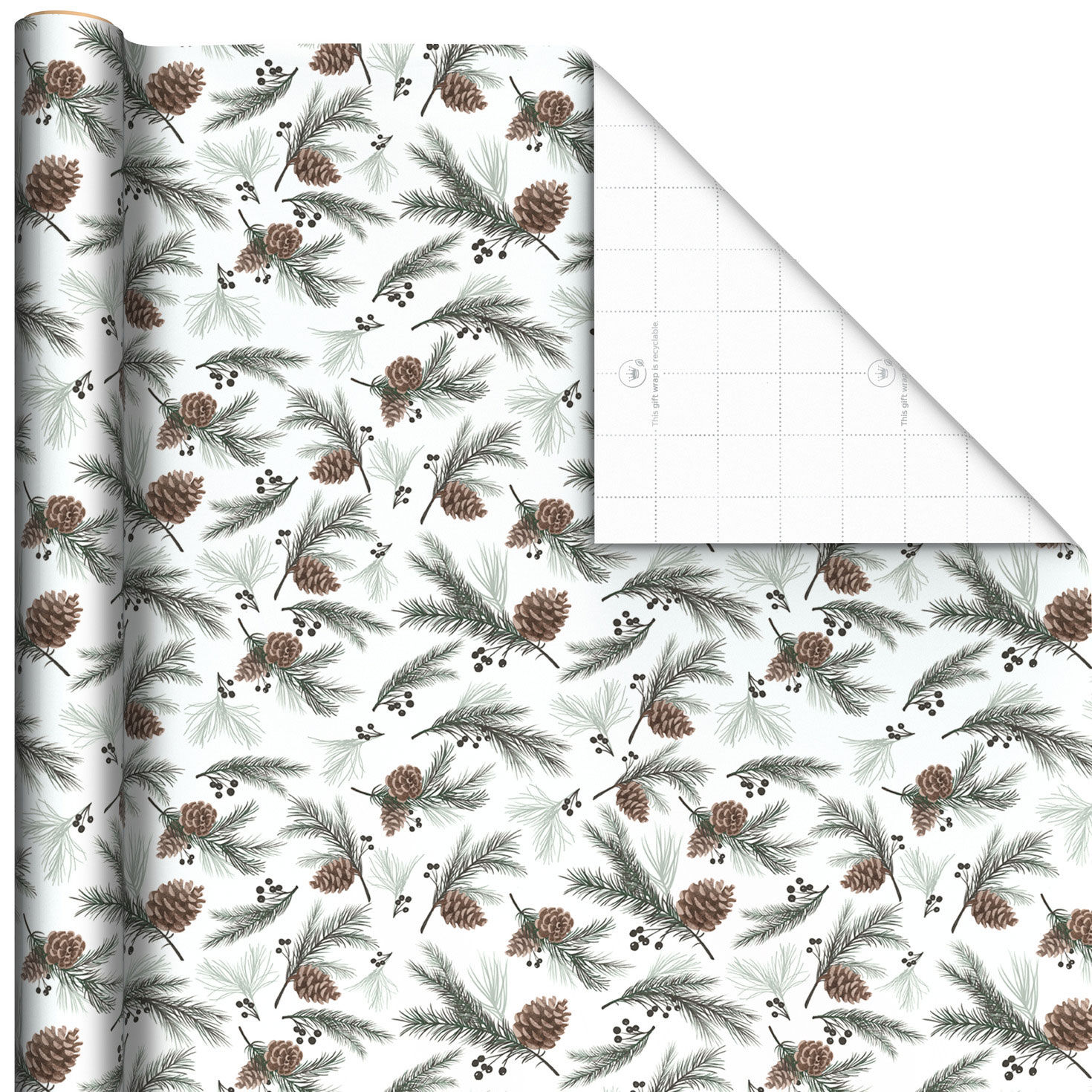 Pinecones on White Christmas Wrapping Paper, 35 sq. ft.