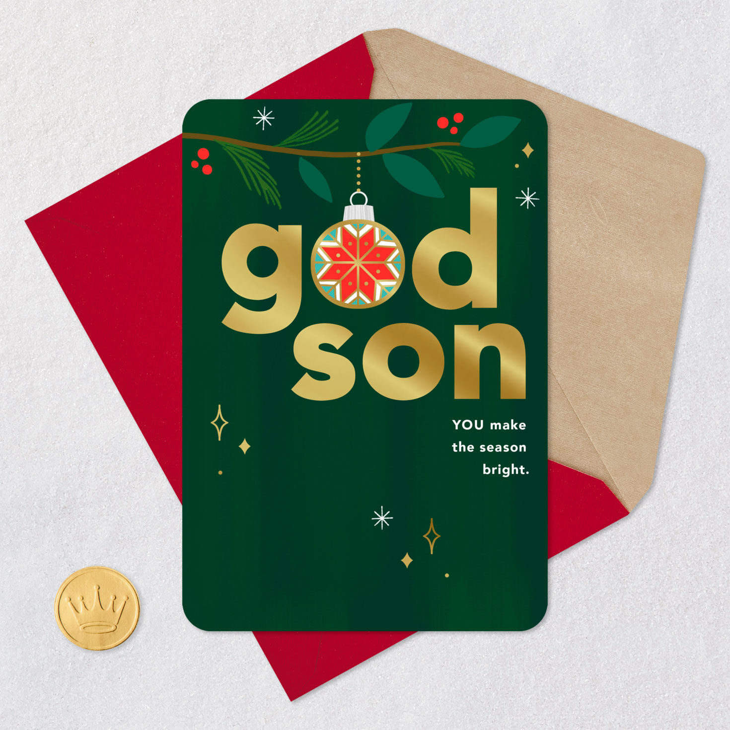 Ornament on Branch Green Christmas Card for Godson Card Front with Envelope and Gold Seal image number 5