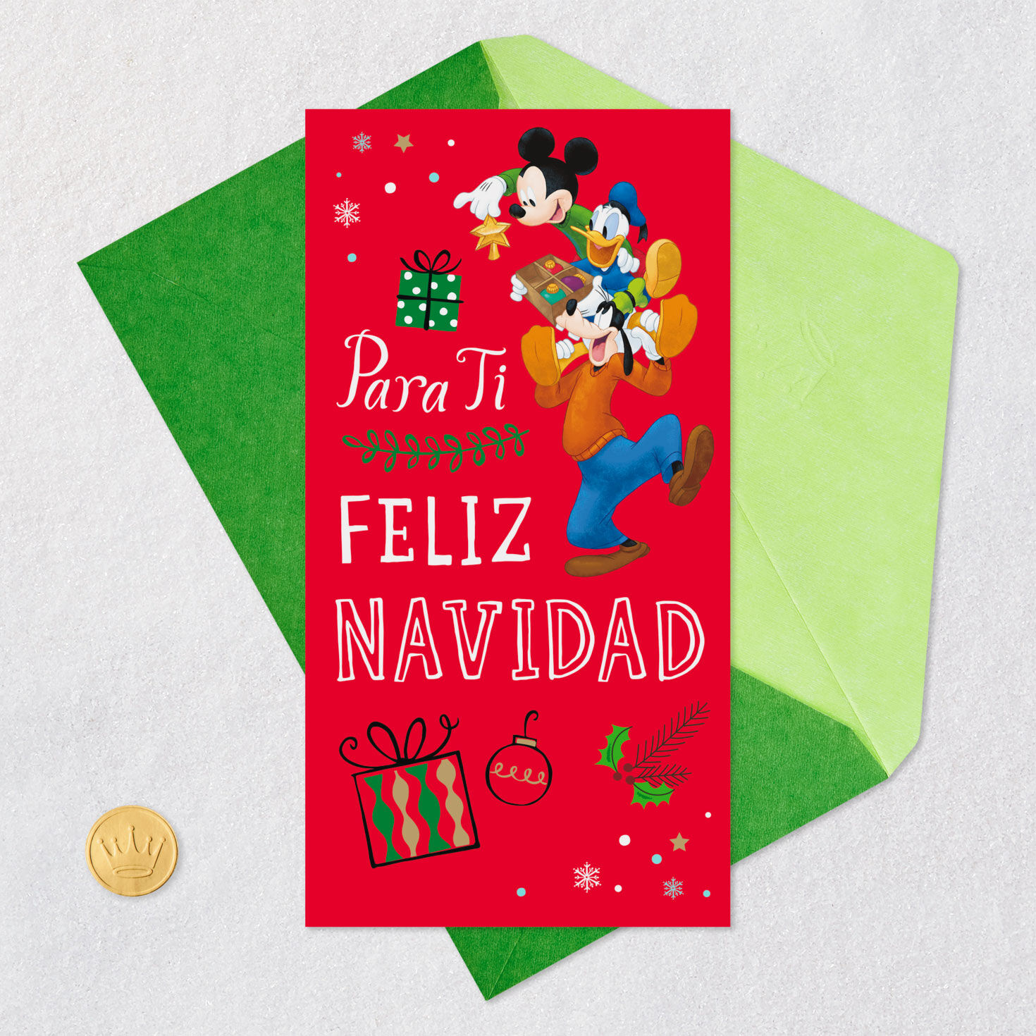Disney Mickey Mouse Spanish Gift Card Holder Christmas Card Card Front with Envelope and Gold Seal image number 5