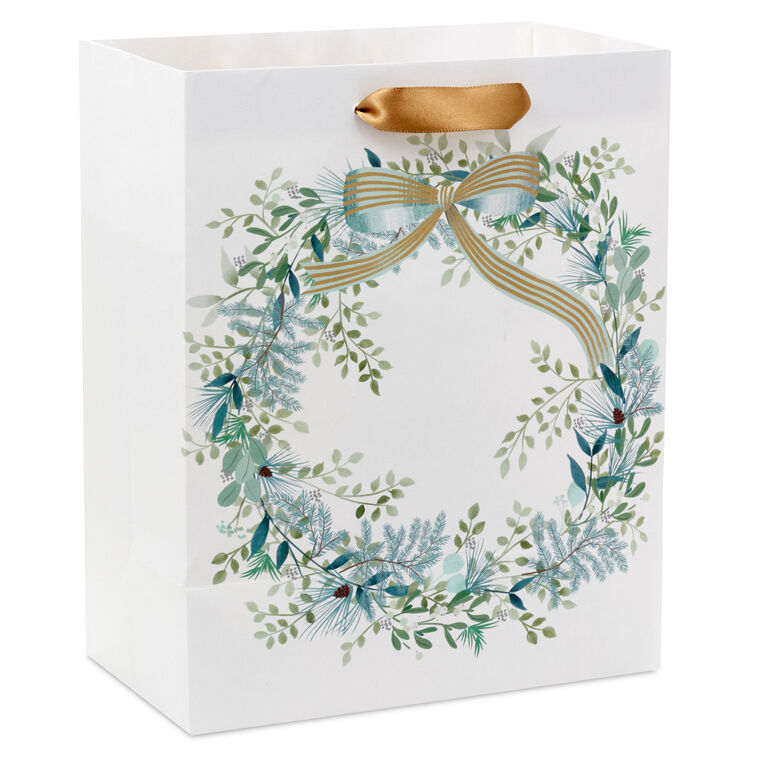 9.6" Elegant Wreath on White Medium Holiday Gift Bag