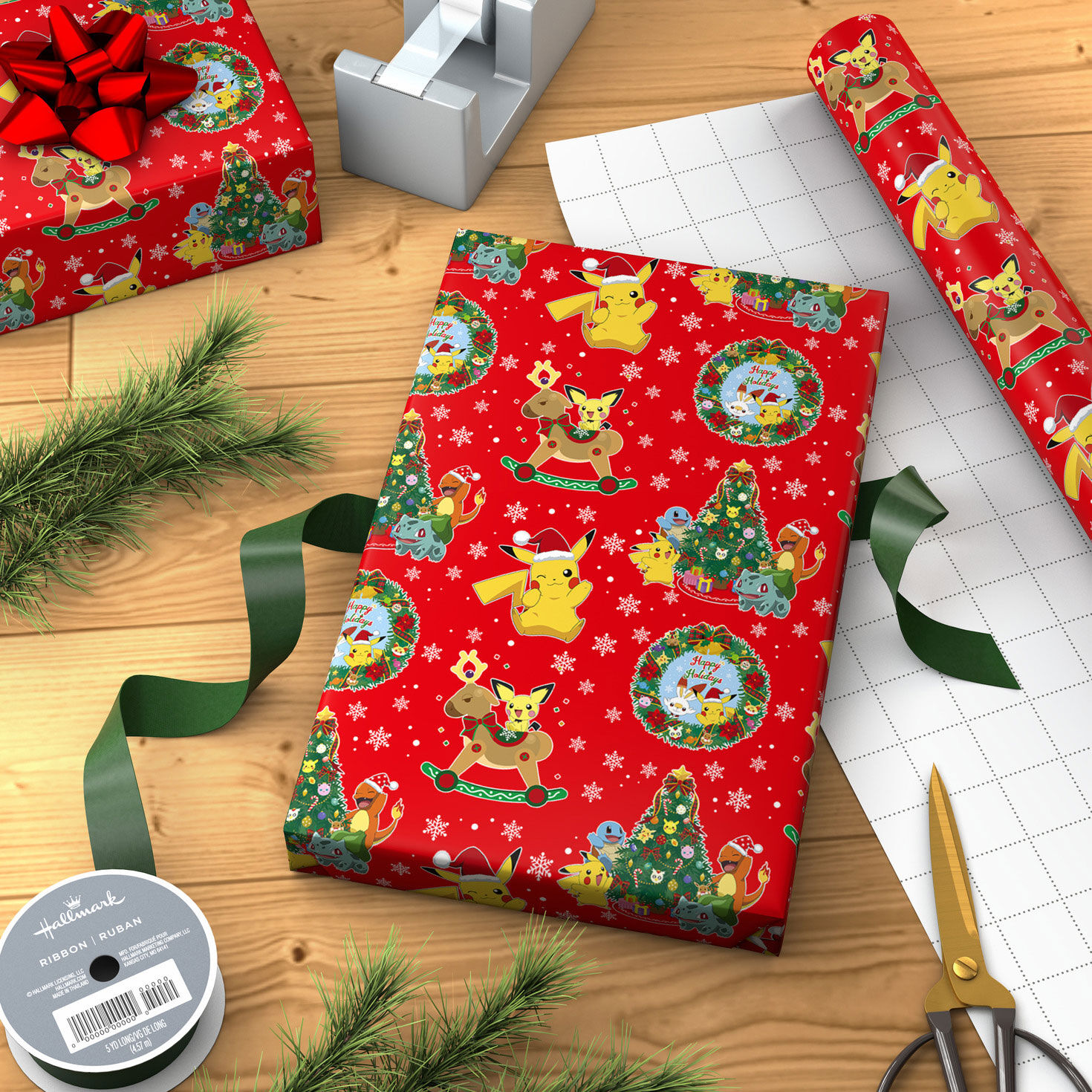 Pok&eacute;mon Fun on Red Jumbo Christmas Wrapping Paper Wrapped package image number 3
