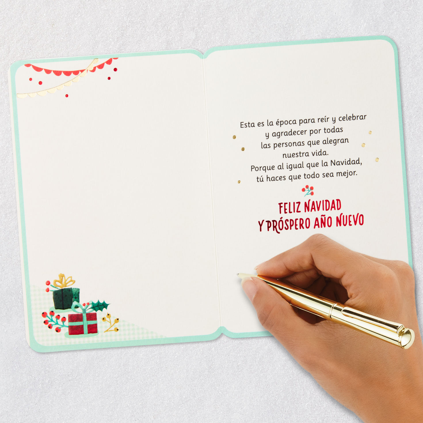 Festive Tree With Flowers Christmas Card in Spanish Signing card image number 6
