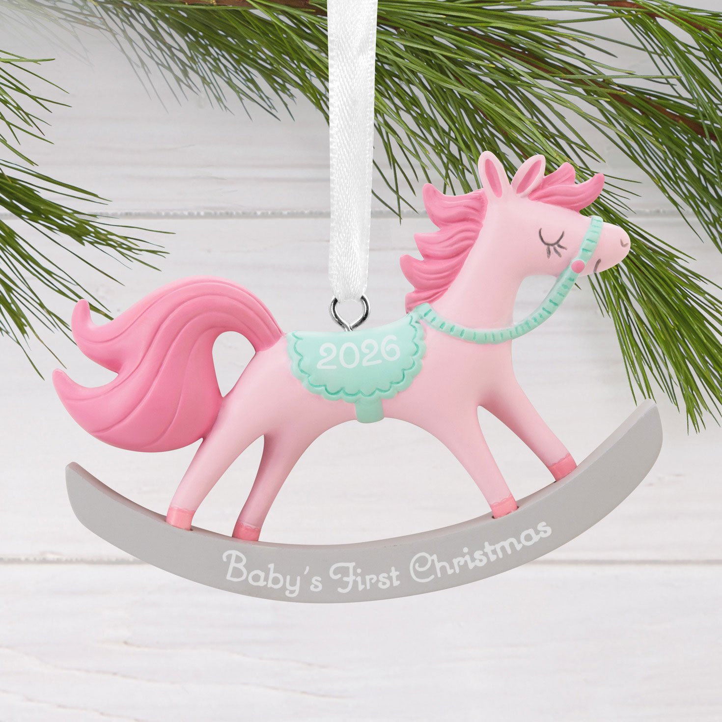 Pink Rocking Horse Christmas Ornament hanging on tree image number 2