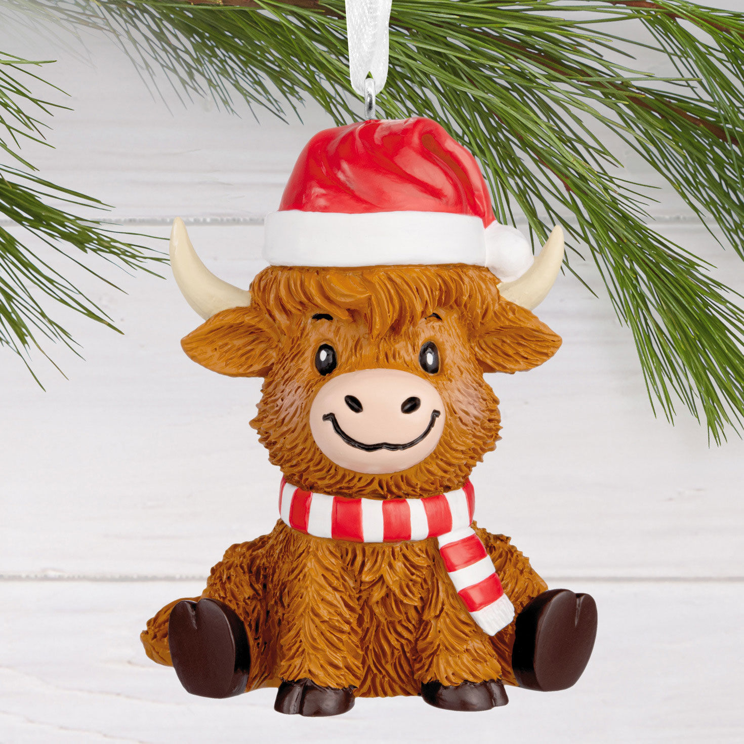 Highland Cow in Santa Hat Christmas Ornament hanging on tree image number 2