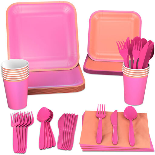 Color Pop 96-Piece Tableware Basics Party Kit, Pink and Orange, 