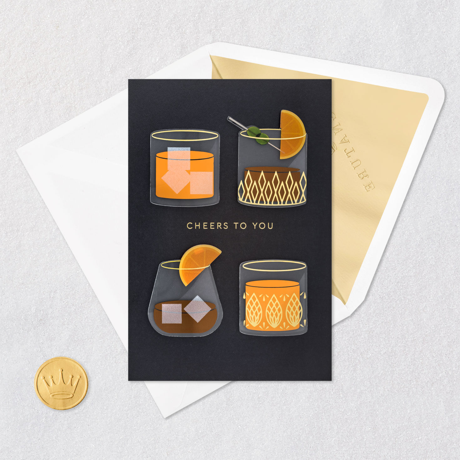 Drinks in Low Ball Glasses Father's Day Card Card Front with Envelope and Gold Seal image number 5