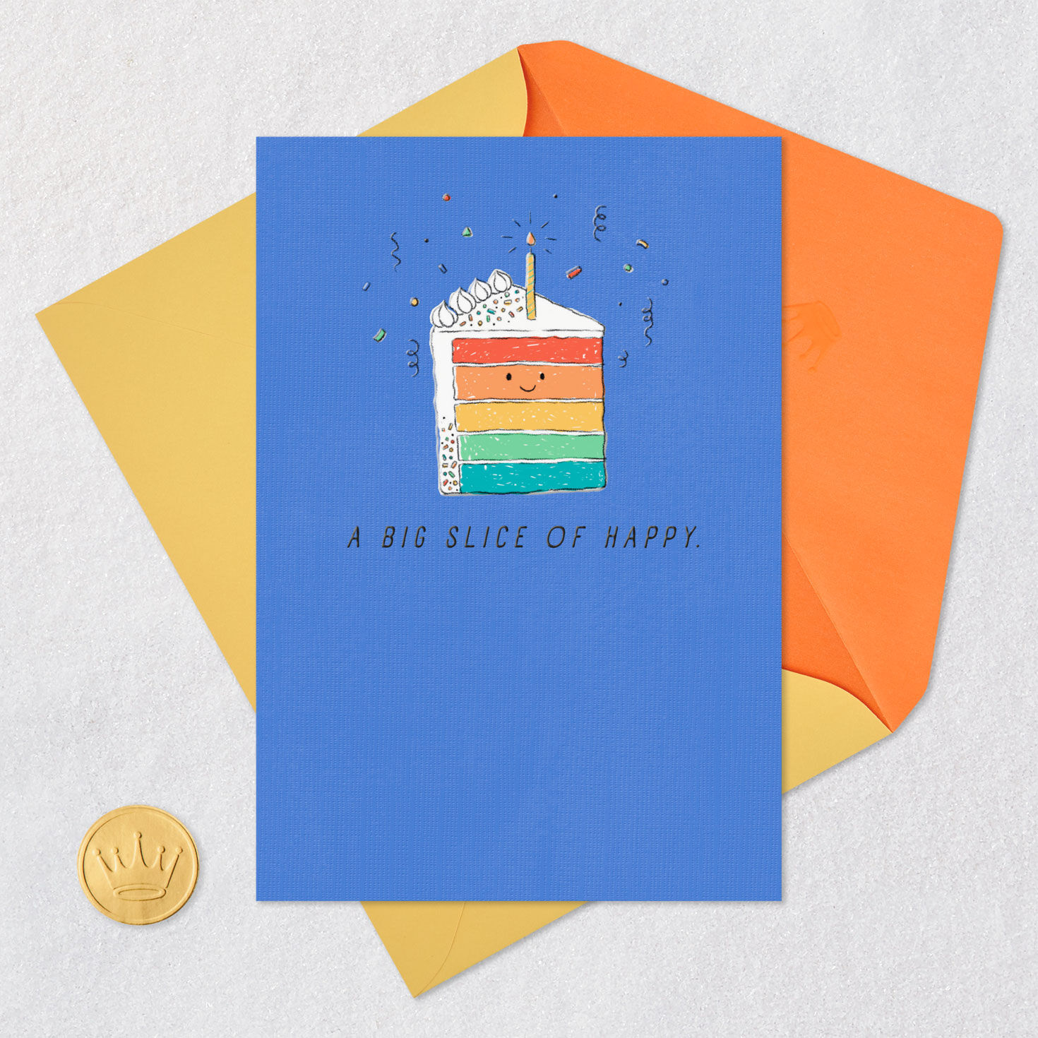Rainbow Layer Cake Slice on Blue Birthday Card Card Front with Envelope and Gold Seal image number 5