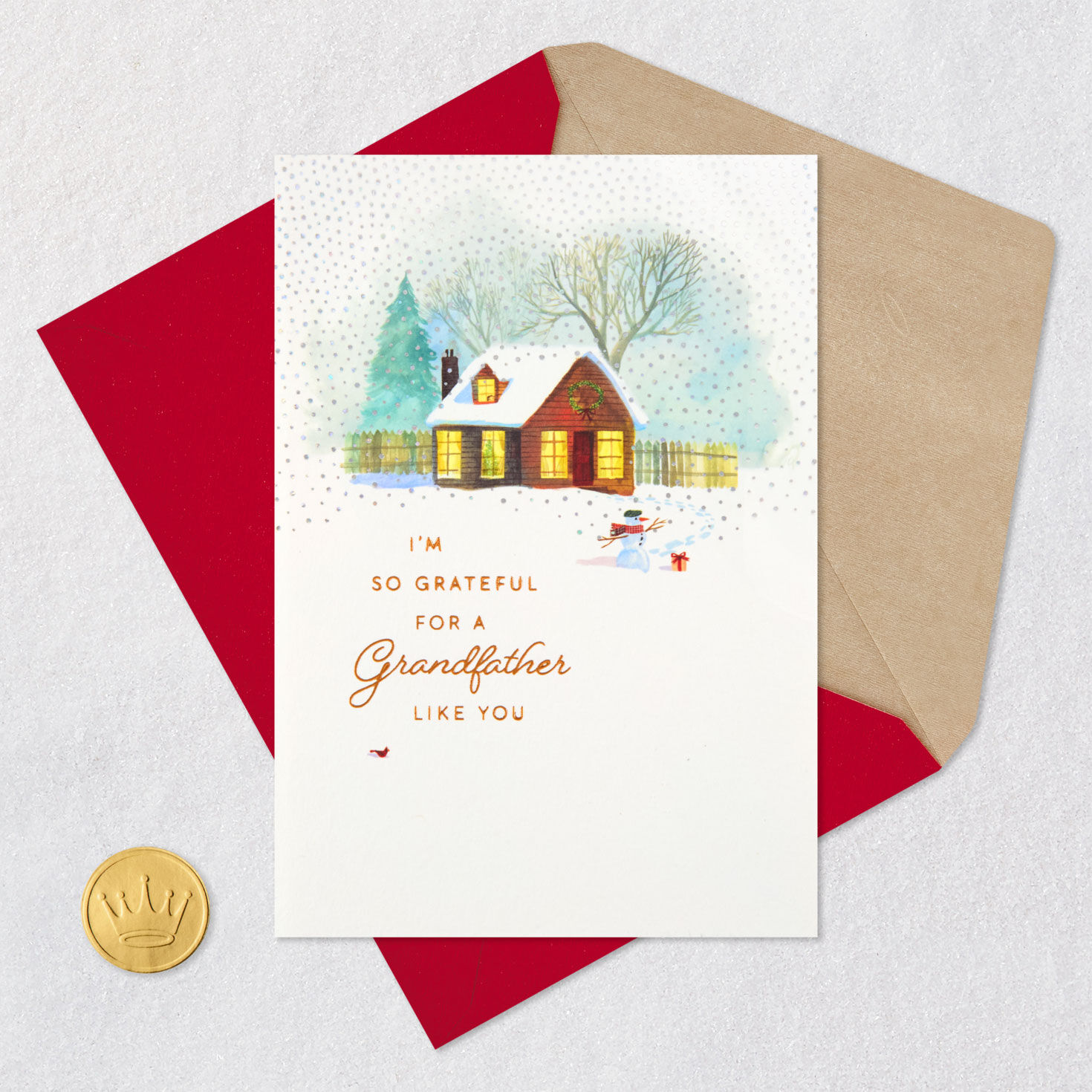 Snowy Cabin Christmas Card Card Front with Envelope and Gold Seal image number 7