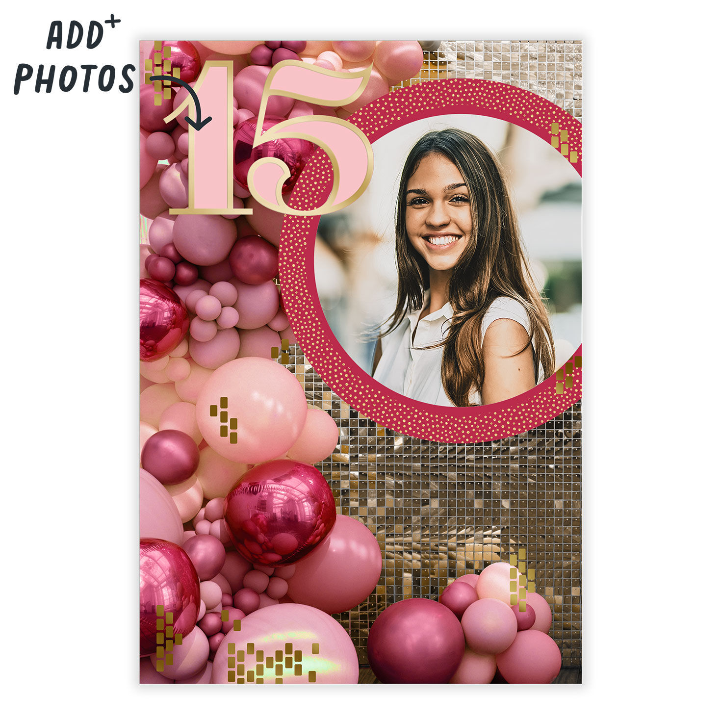 Sequins and Balloons Personalized Quincea&ntilde;era Card Card Front indicating personalization image number 2