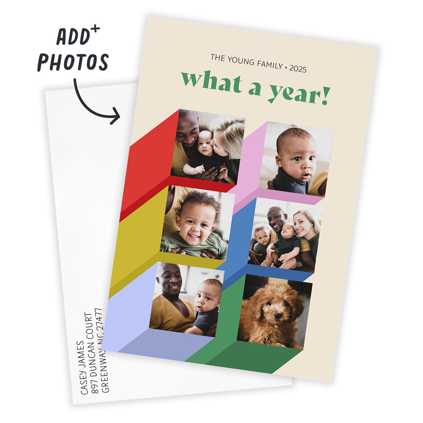 Colorful Shadows Flat Holiday Photo Card Card Front indicating personalization image number 2