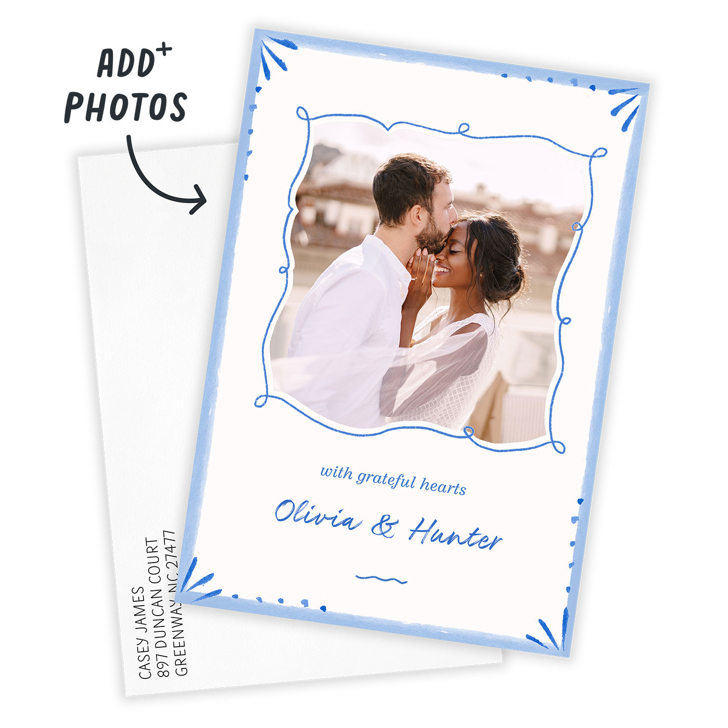 Blue Line Border Personalized Wedding Thank You Card Card Front indicating personalization image number 2