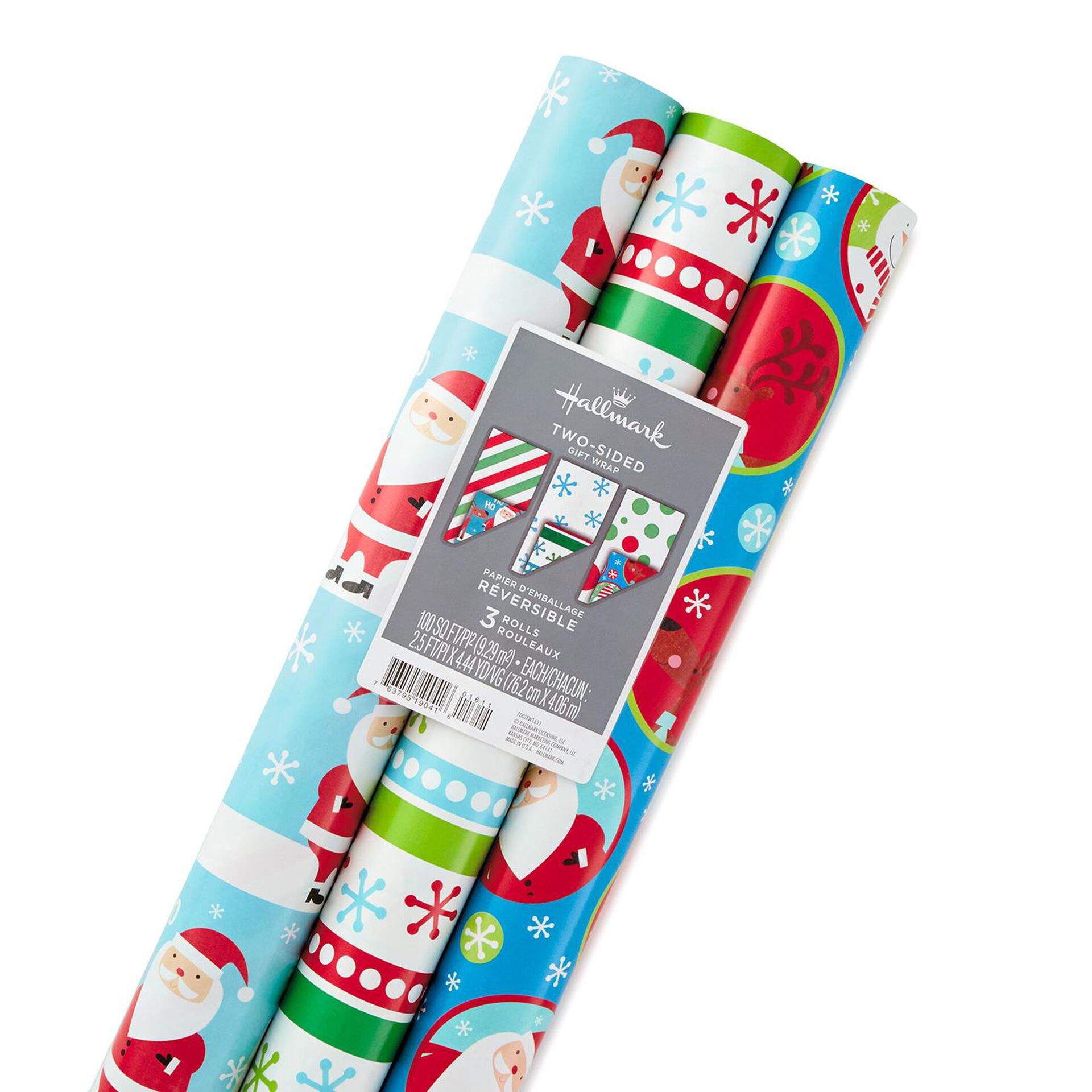 Kids Colorful 3-Pack Reversible Christmas Wrapping Paper Rolls, 120 sq