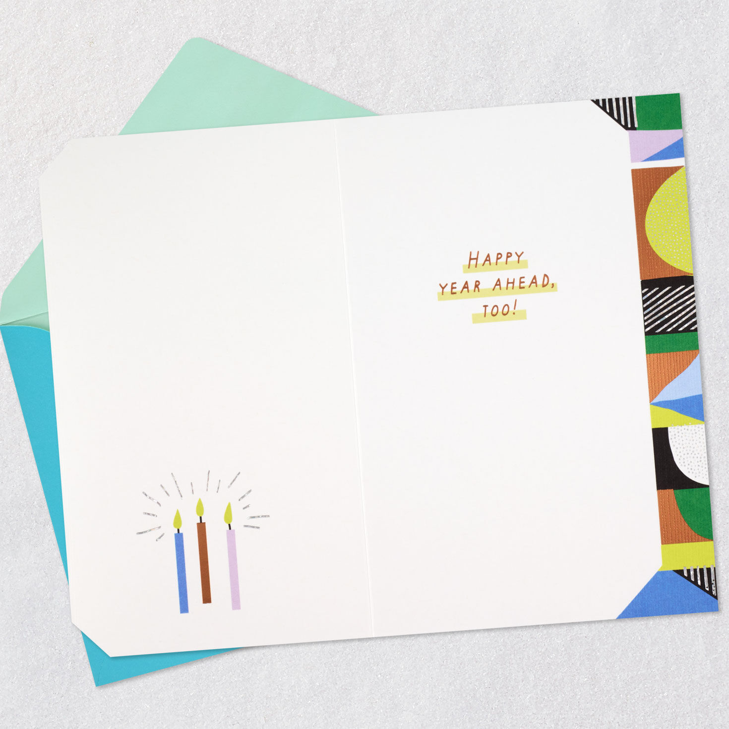 Lime Green and Orange Geometric Cake Birthday Card Open card with envelope image number 3