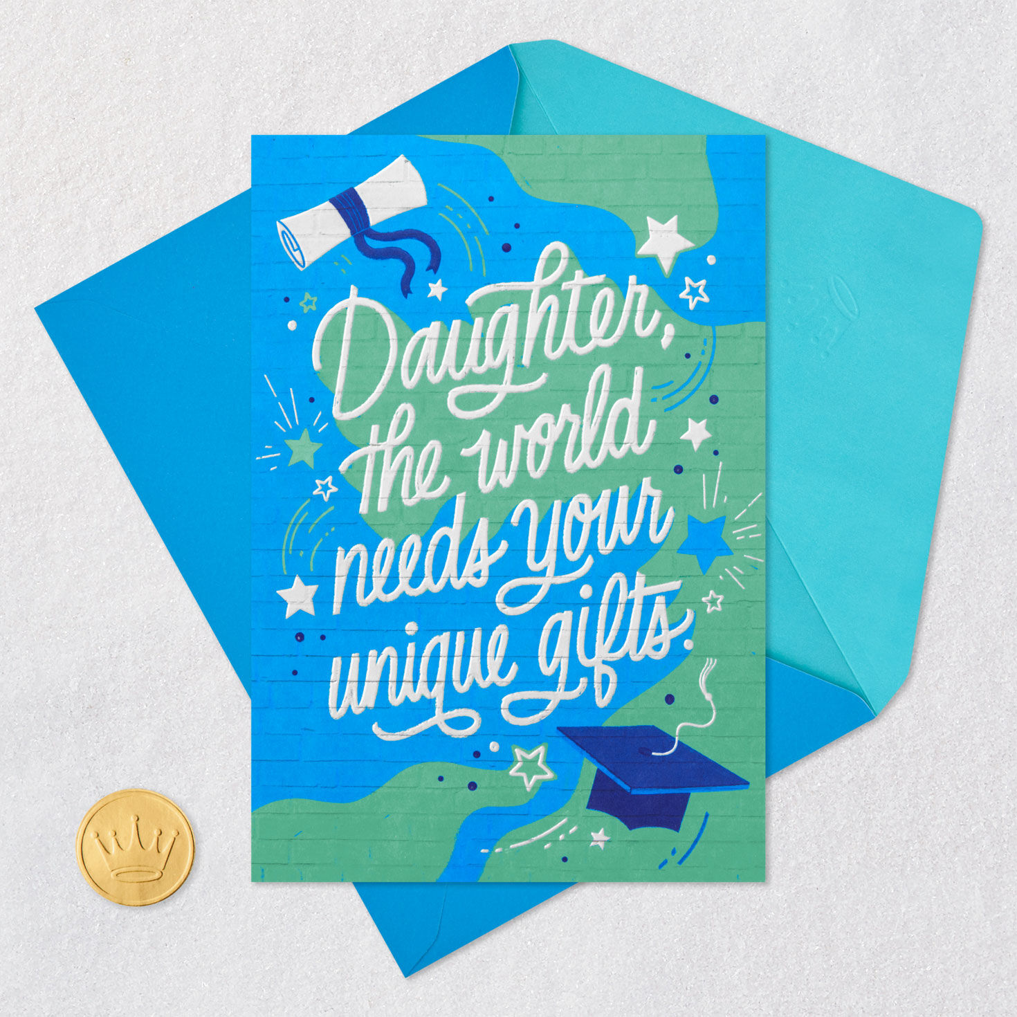 Blue Brick Wall with Stars and Diploma Graduation Card Card Front with Envelope and Gold Seal image number 6