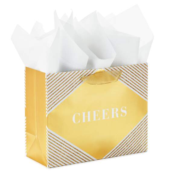 7.7" Horizontal Cheers on Gold Gift Bag With Tissue