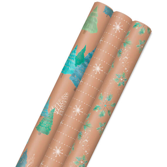 Winter Nature Kraft Prints 3-Pack Christmas Wrapping Paper, 90 sq. ft.