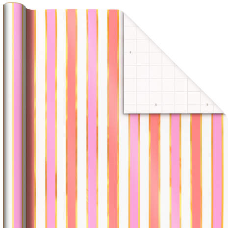 Pink, Coral and Gold Foil Stripes Wrapping Paper, 17.5 sq. ft., , large