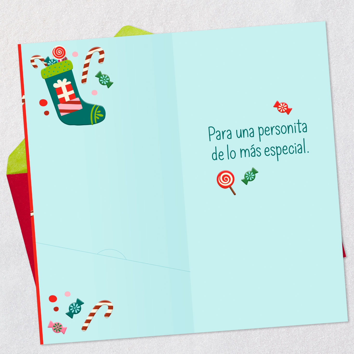 Stockings and Candy Money Holder Christmas Card in Spanish Open card with envelope image number 3