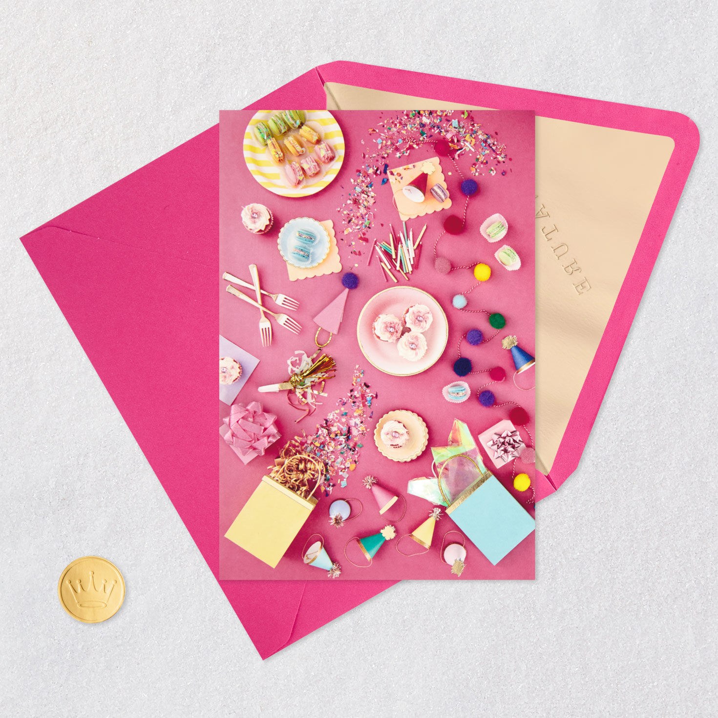 Macarons and Cupcakes Signature Birthday Card Card Front with Envelope and Gold Seal image number 5