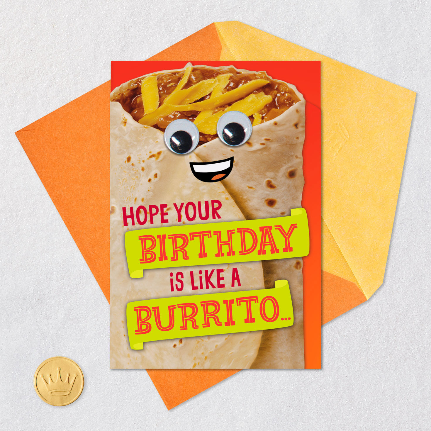 Googly Eyed Tortilla Funny Birthday Card Card Front with Envelope and Gold Seal image number 5