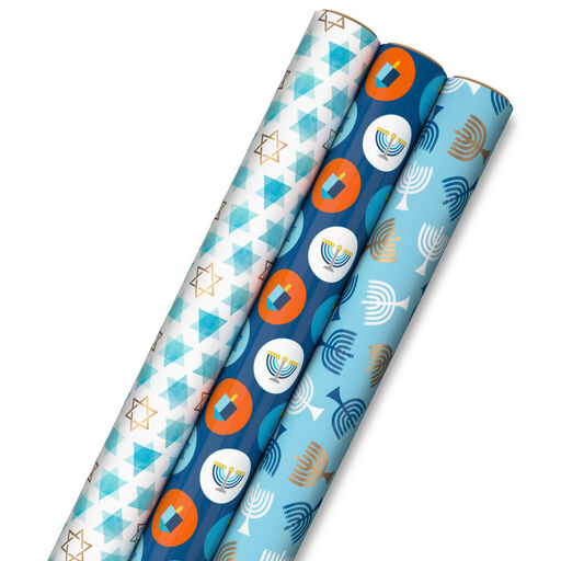 Blue Hanukkah Designs 3-Pack Wrapping Paper Assortment, 120 sq. ft., 