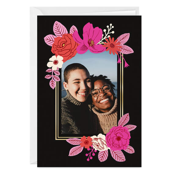 Pink Floral and Gold Frame Folded Photo Card, , large image number 1