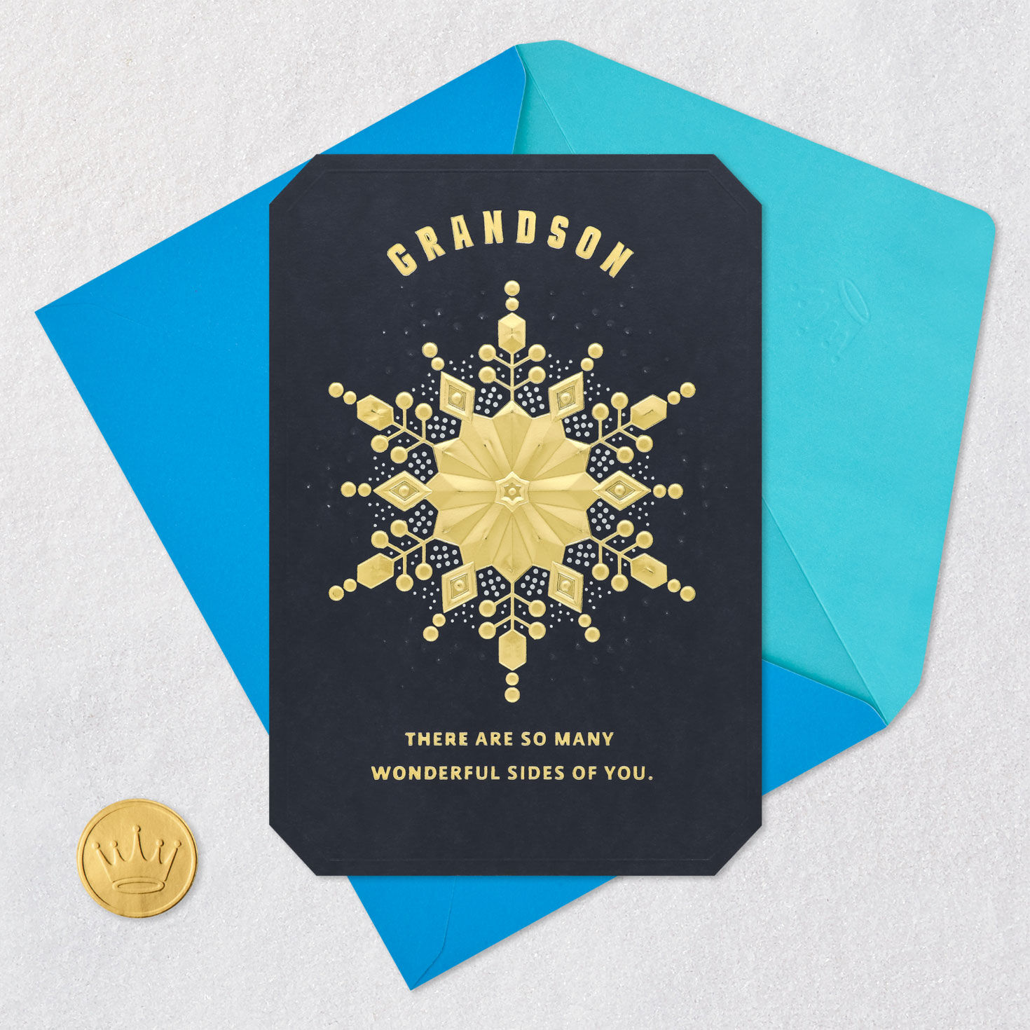 Gold Snowflake on Navy Christmas Card for Grandson Card Front with Envelope and Gold Seal image number 6