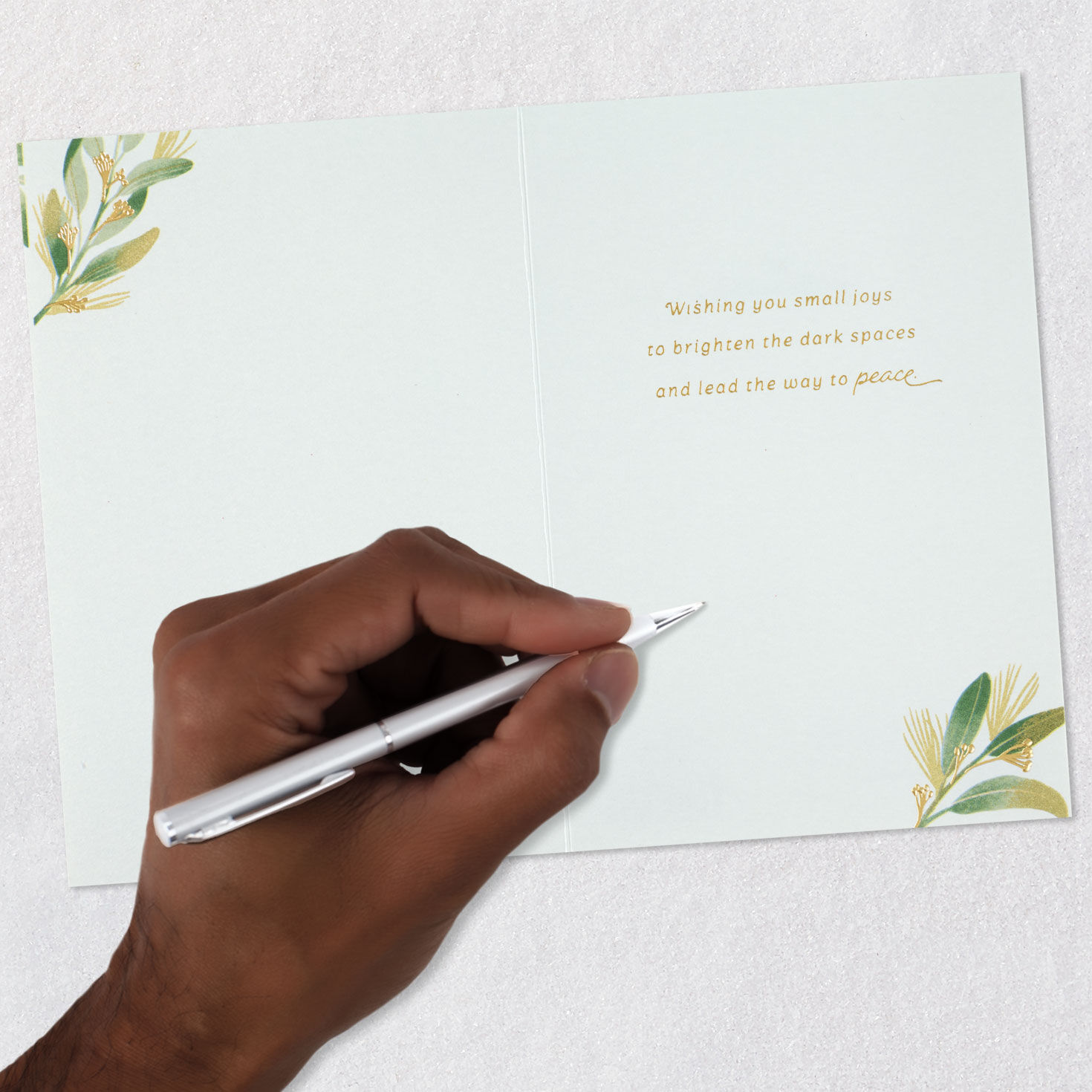 Eucalyptus Boughs on Gray Christmas Sympathy Card signing card image number 7