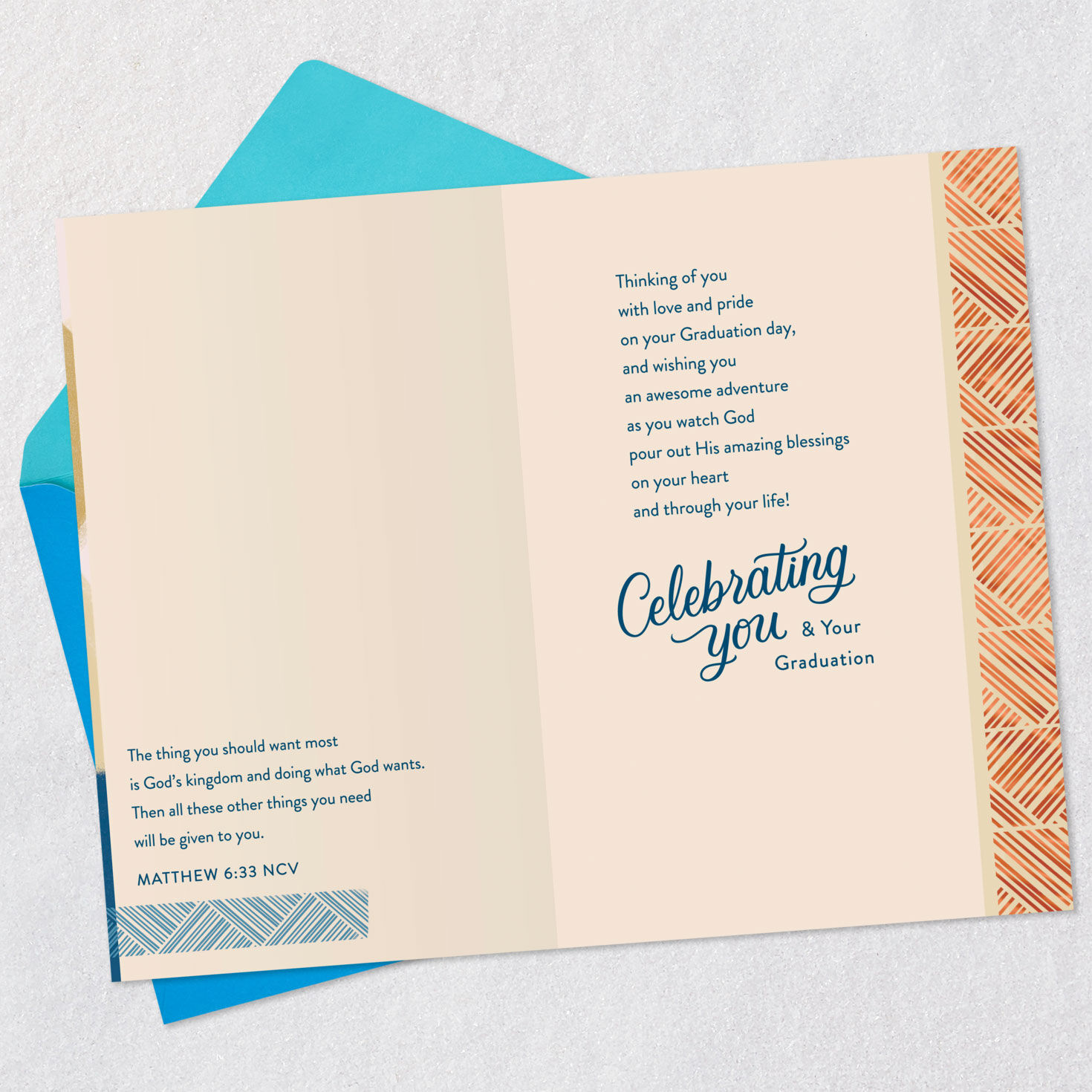 Blue Grad Silhouette Religious Graduation Card Open card with envelope image number 4