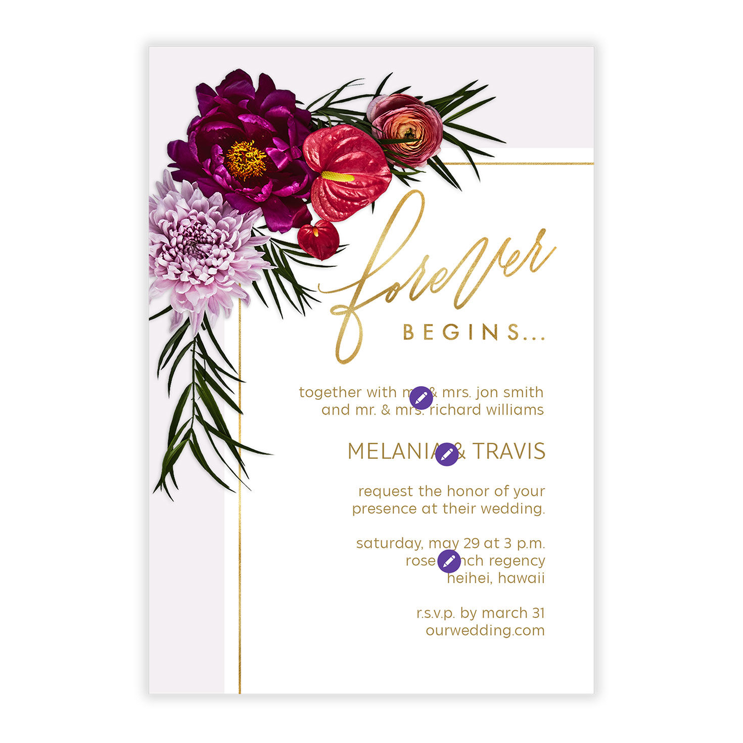 Corner Flowers Personalized Wedding Invitation Card Front indicating personalization image number 5