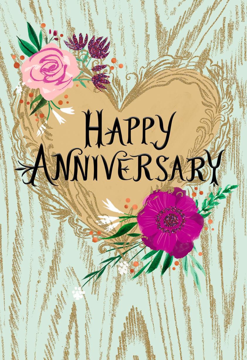 Heart and Flowers With Glitter Anniversary Card
