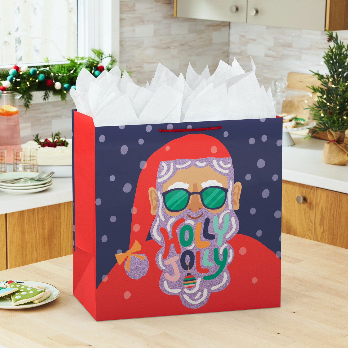 Glittery Santa on Blue Big Holiday Gift Bag In use image number 2