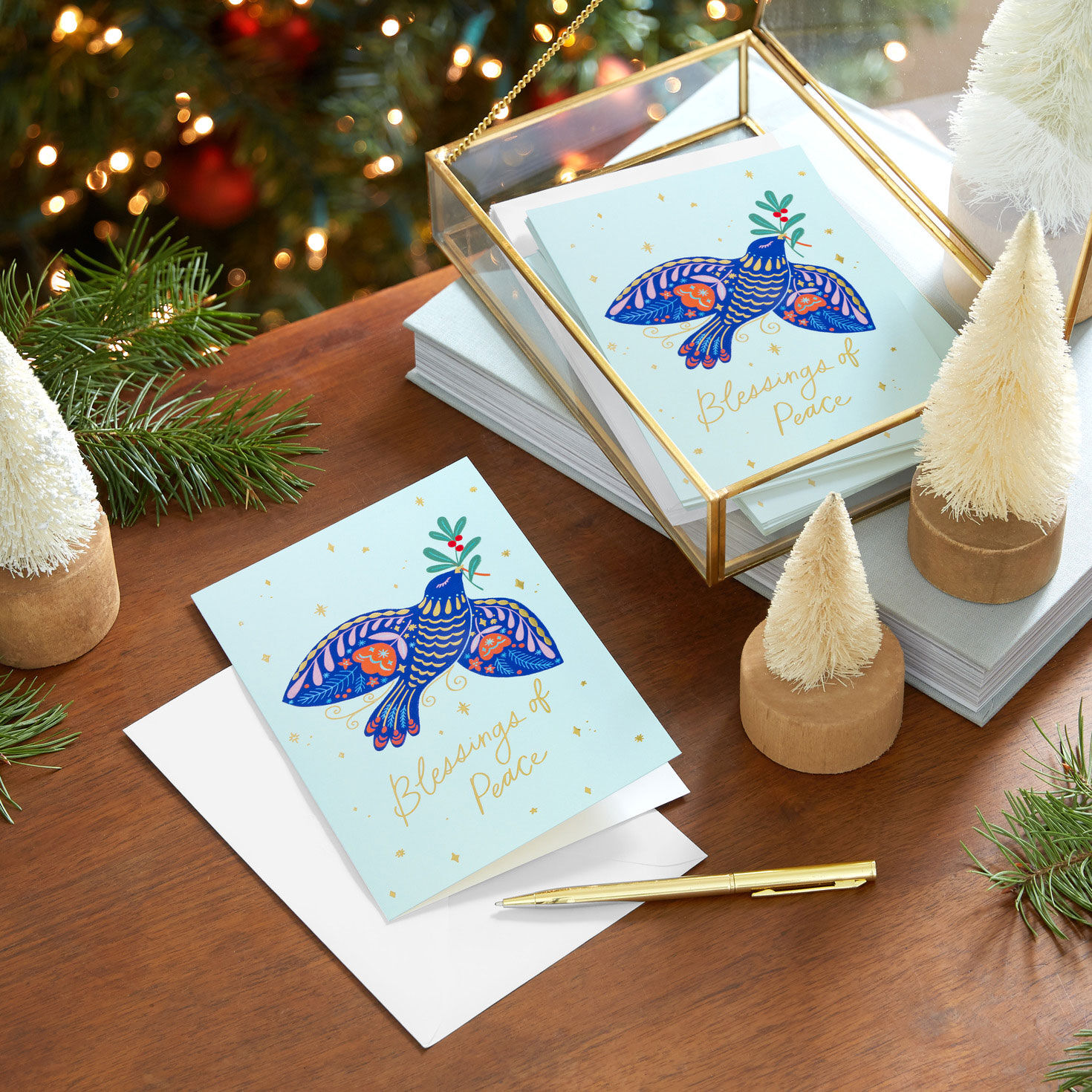 Colorful Dove on Blue Boxed Christmas Cards Cover Detail image number 7