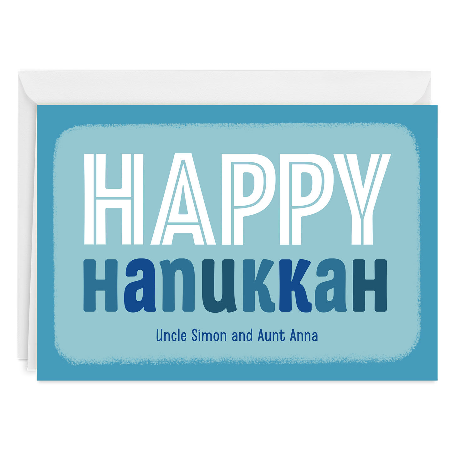 Blue and White Block Lettering Custom Hanukkah Card