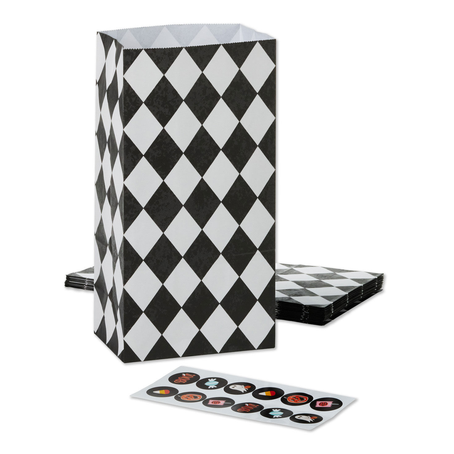 Black Checkered Halloween Paper Goodie Bags With Stickers, Pack of 13