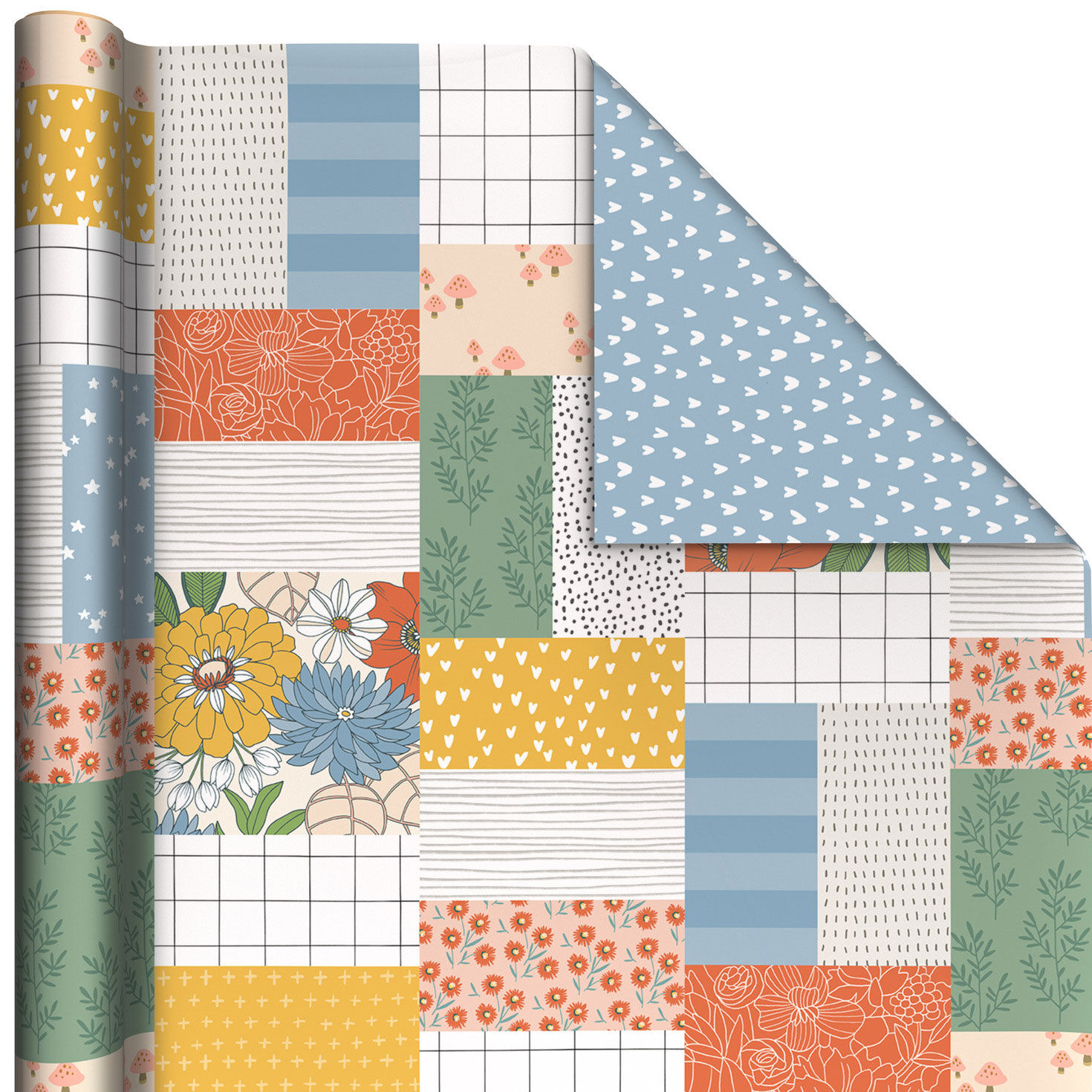 Patchwork Floral/Mini Hearts on Blue Reversible Wrapping Paper, 20 sq. ft.