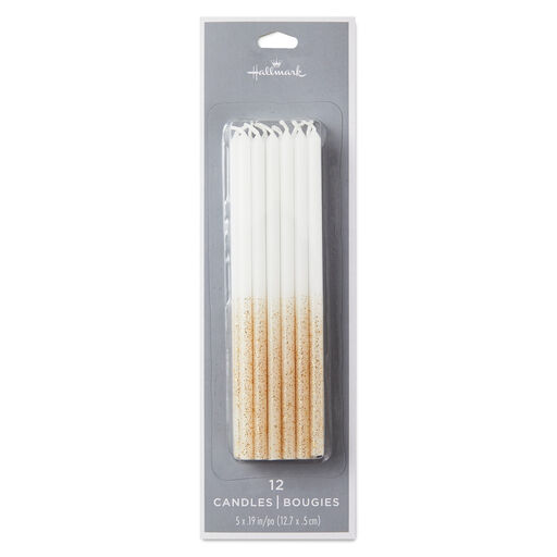 White Glitter-Dipped Tall Birthday Candles, Set of 12, White Glitter-Dipped