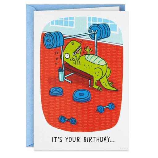 Don't Lift a Finger Dinosaur at Gym Funny Birthday Card, 