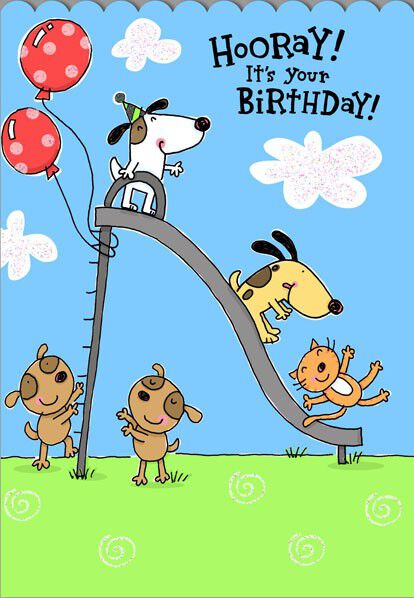 Dogs and Cat on Slide Birthday Card