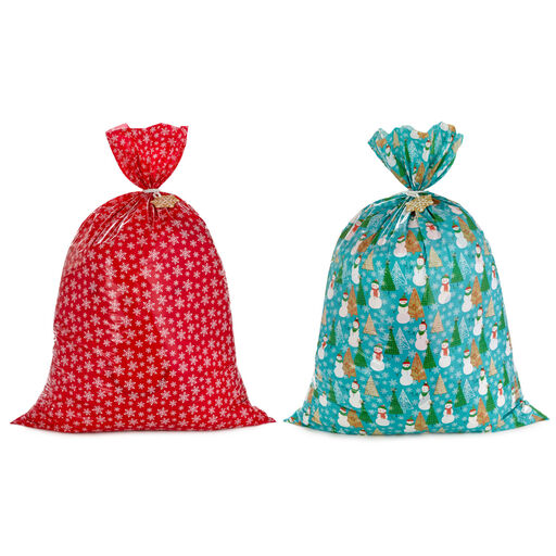 Snowmen on Blue and Snowflakes on Red 2-Pack Giant Plastic Christmas Gift Bags, 