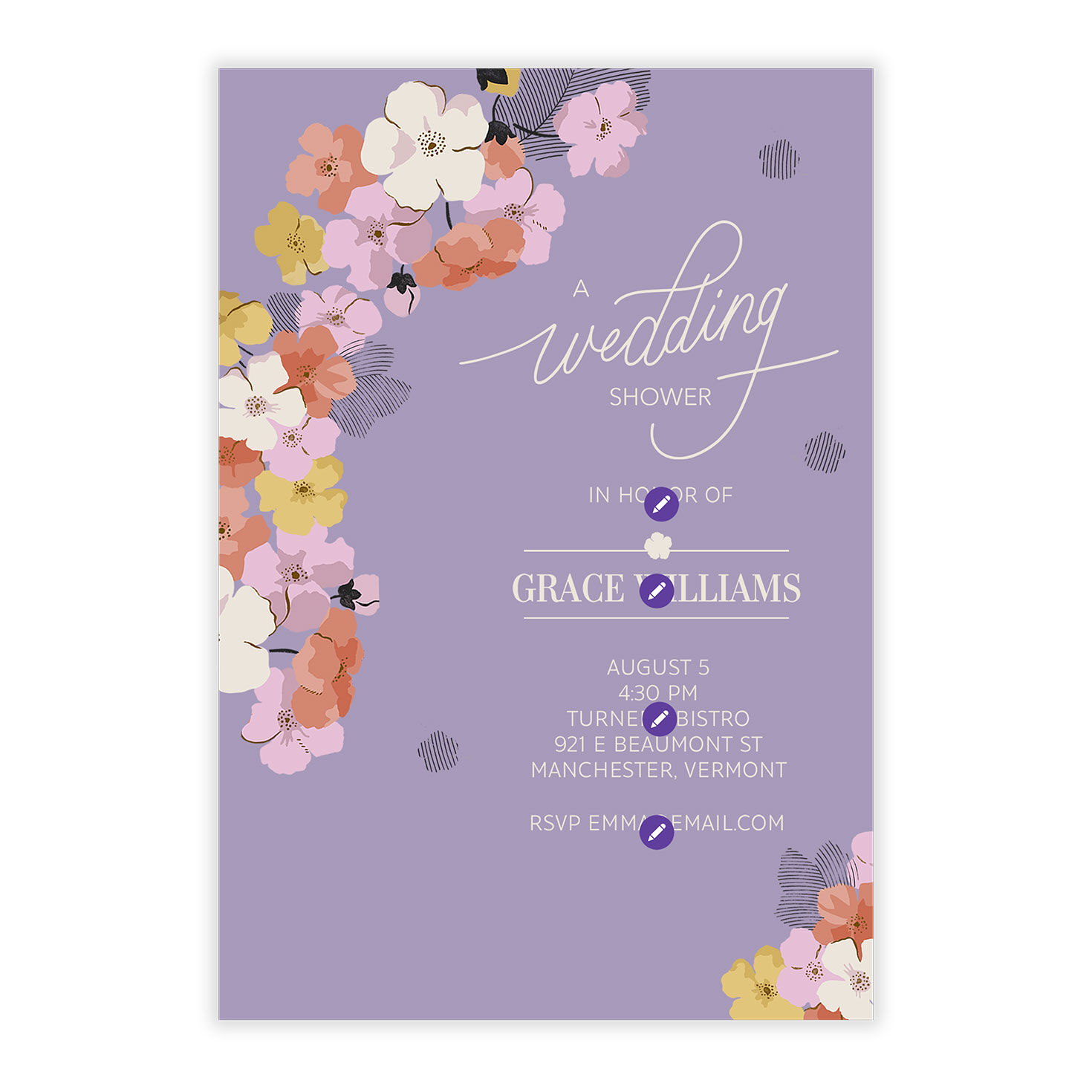 Purple With Flowers Personalized Shower Invitation Card Front indicating personalization image number 5