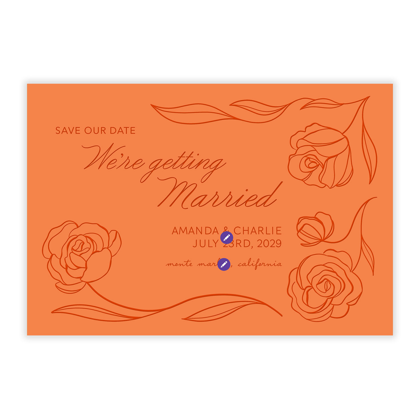Orange Rose Stems Personalized Save the Date Card Card Front indicating personalization image number 5