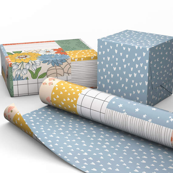 Patchwork Floral/Mini Hearts on Blue Reversible Wrapping Paper, 20 sq. ft., , large image number 3