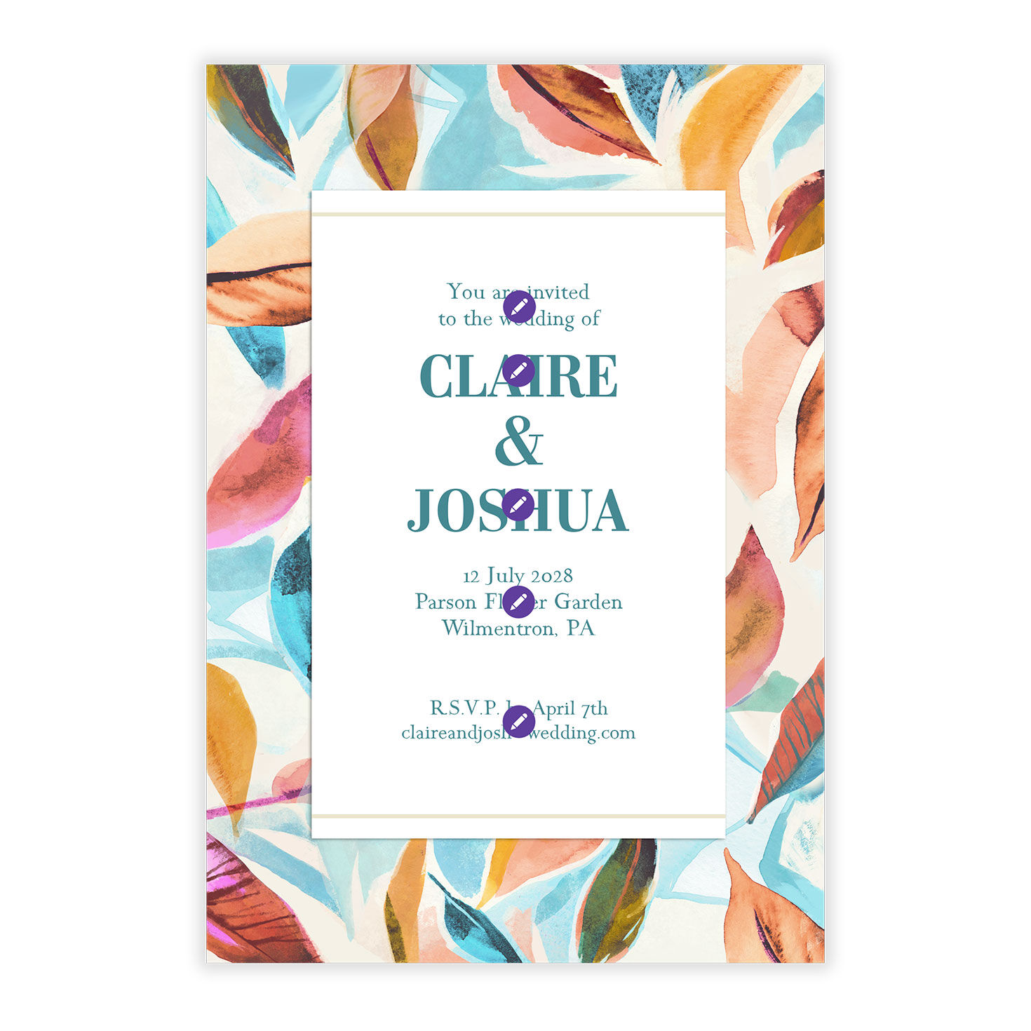 Colored Leaves Border Personalized Wedding Invitation Card Front indicating personalization image number 5