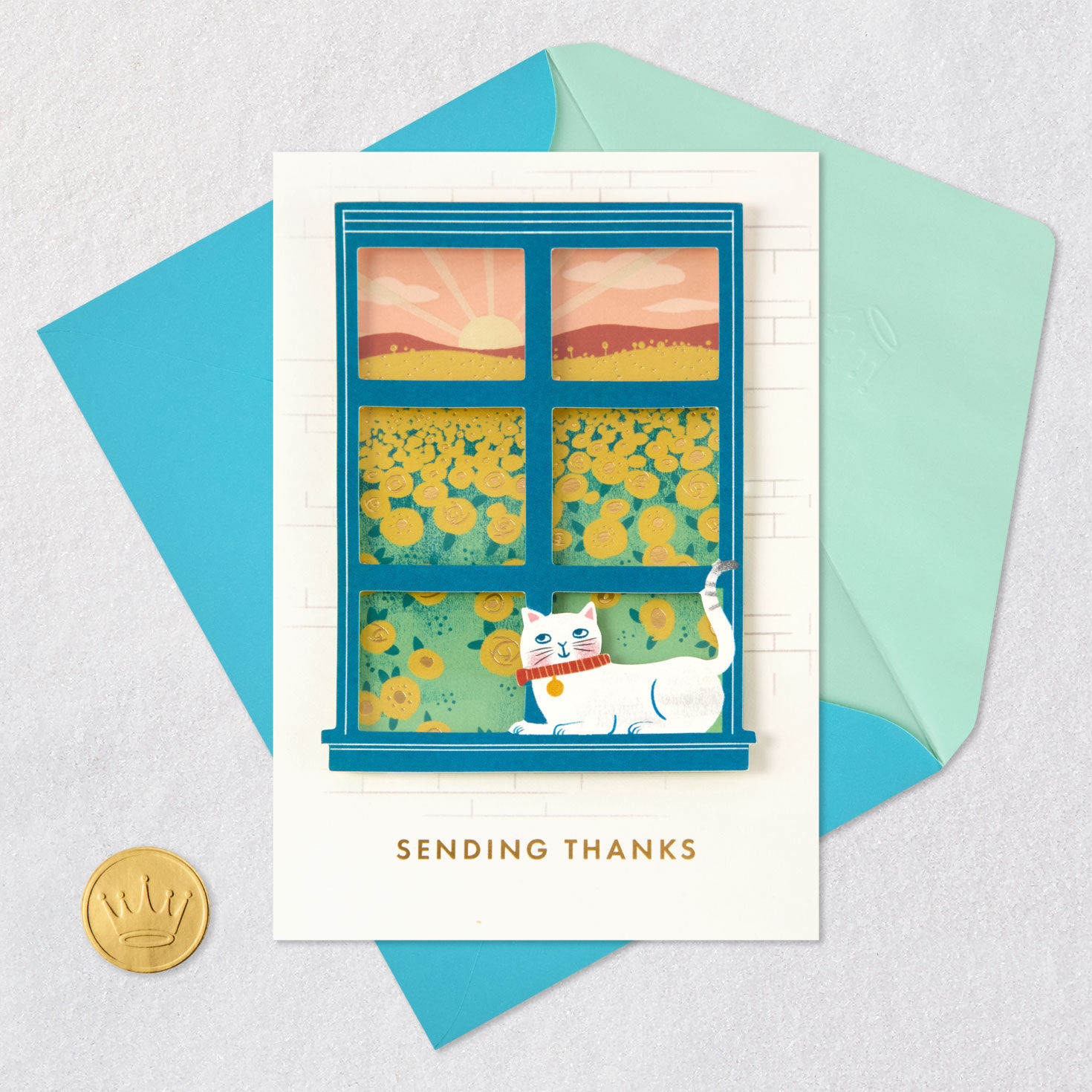 Cat in Sunny Window Thank You Card Card Front with Envelope and Gold Seal image number 5