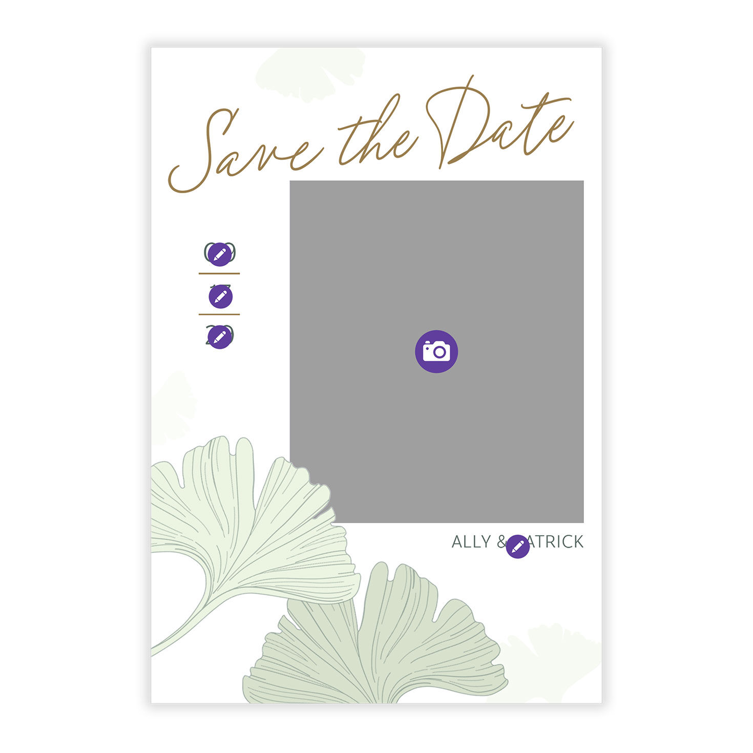 Ginkgo Leaves Photo Personalized Save the Date Card Card Front indicating personalization image number 5