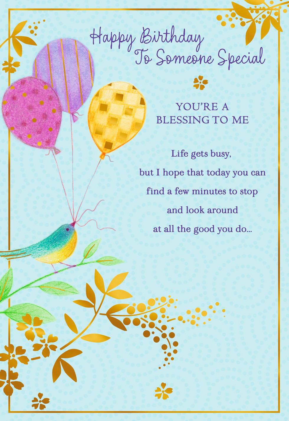 Bird Holding Balloons Blessing Birthday Card