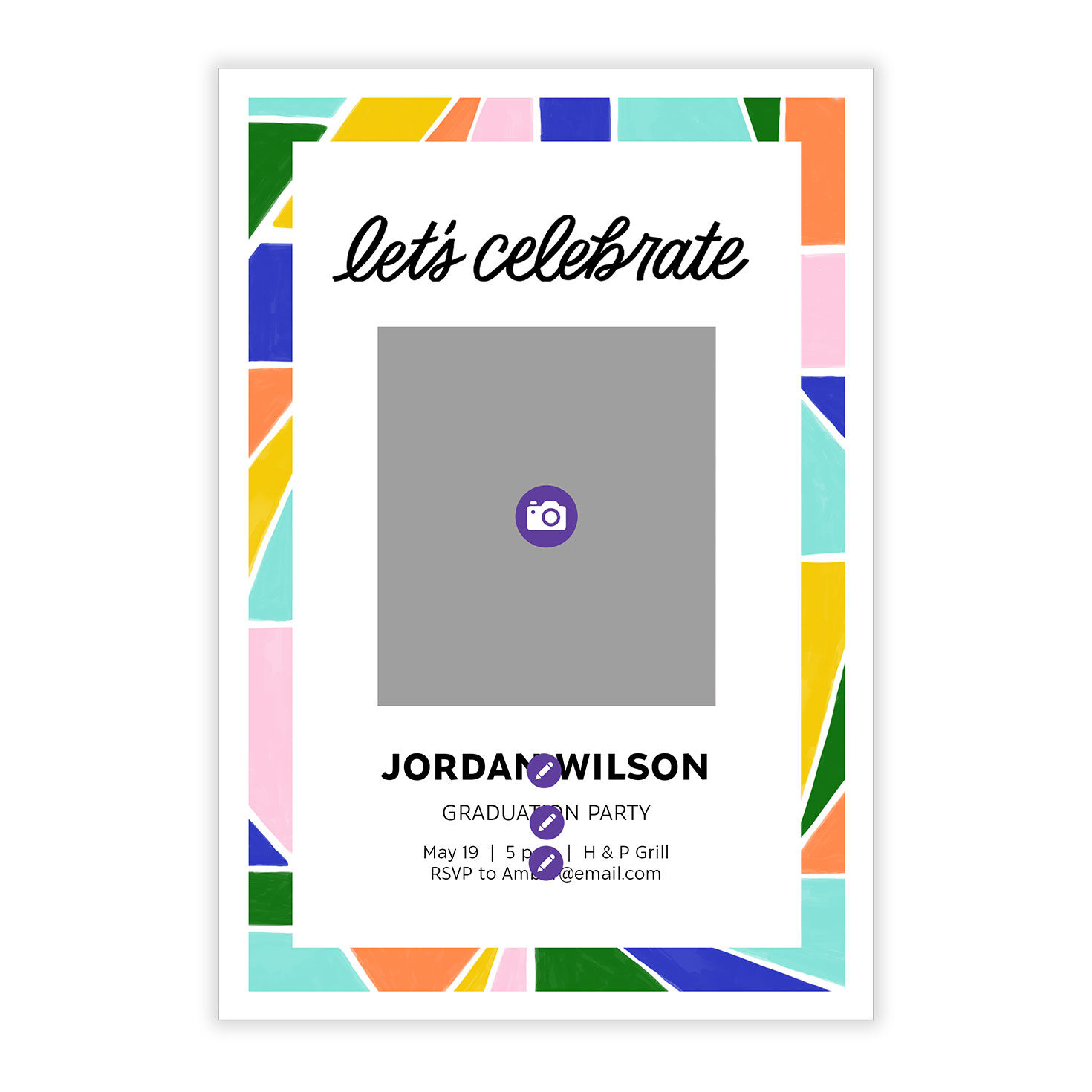 Colored Geometric Border Grad Party Invitation Card Front indicating personalization image number 5