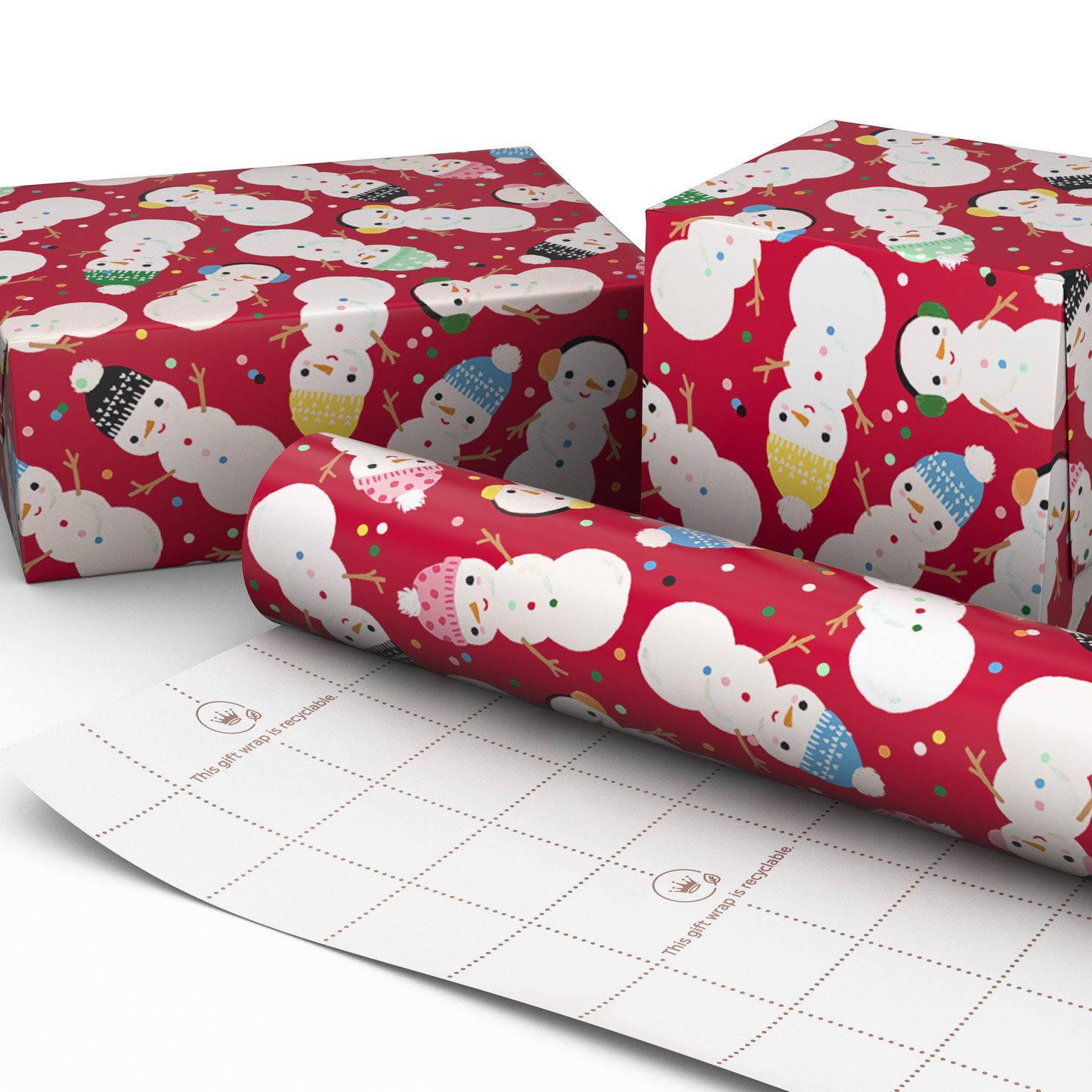Snow Kiddos on Red Jumbo Holiday Wrapping Paper Roll in use image number 2